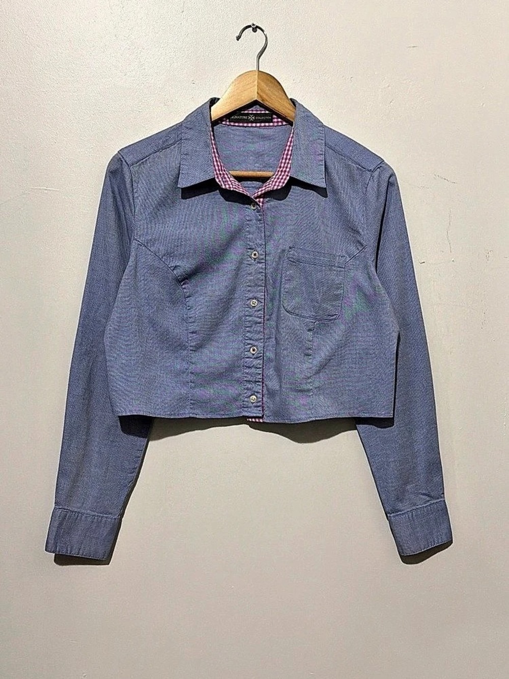 Signature Collection Gingham Cropped Button Down in Blue & Pink Like New